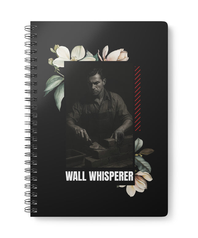 Notebook with a design featuring a man, flowers, and the text 'Wall Whisperer' on a black background.