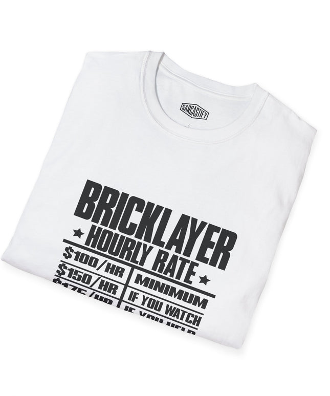 White t-shirt with black bricklayer text on a white background