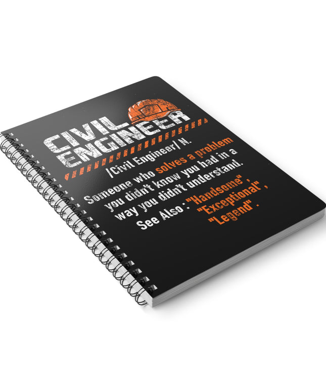 Notebook with text about a civil engineer on a white background