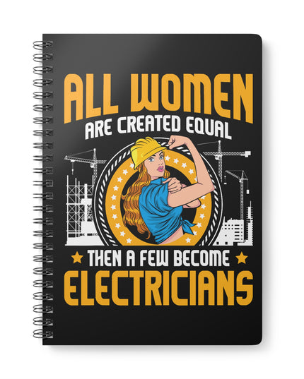 Notebook with a graphic of a woman and text about electricians on a black background