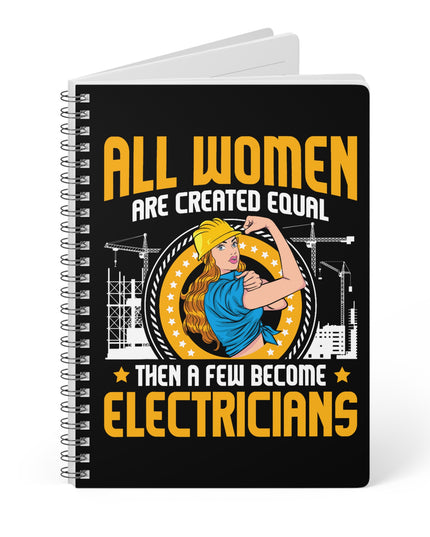 Notebook with graphic design featuring text and an illustration of a woman electrician on a white background