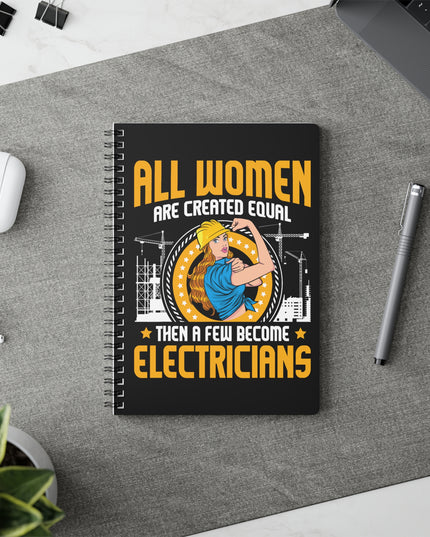 Notebook with electrician design on a desk with a pen and earbuds.