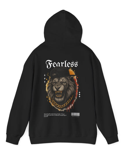 Black hoodie with a lion graphic and 'Fearless' text on the back, on a white background