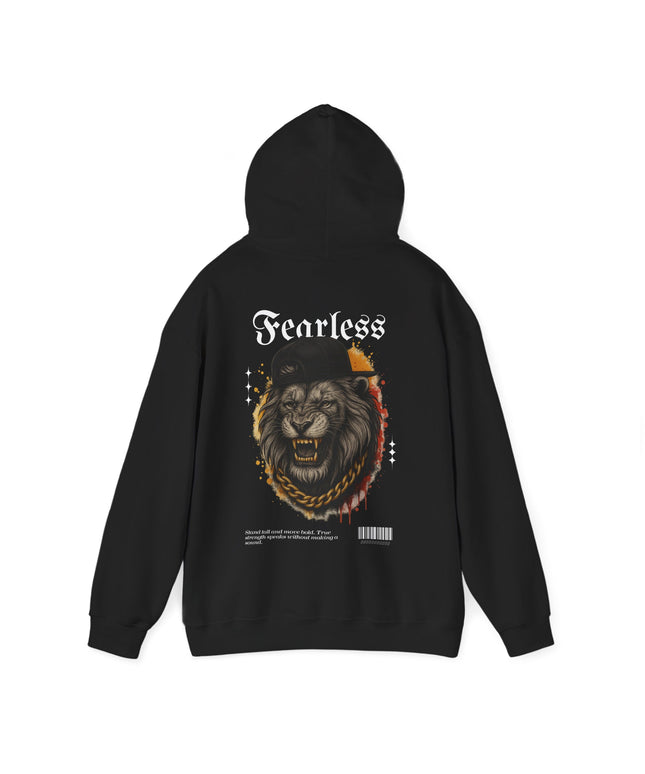 Black hoodie with a lion graphic and 'Fearless' text on the back, on a white background
