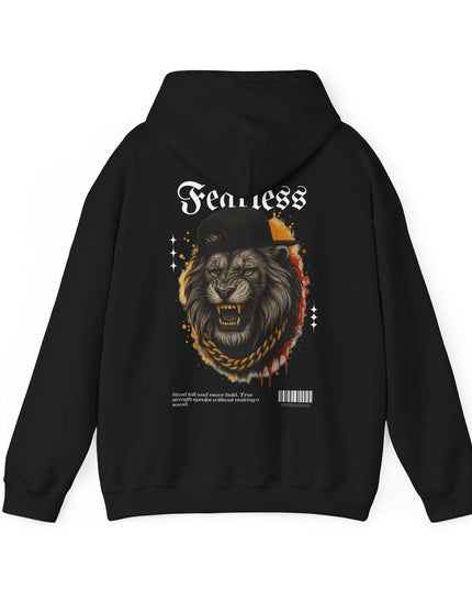 Black hoodie with a graphic design of a lion and 'Fearless' text on the back, on a white background.