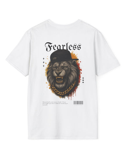 White t-shirt with a graphic of a lion wearing a hat and the word 'Fearless' on a white background