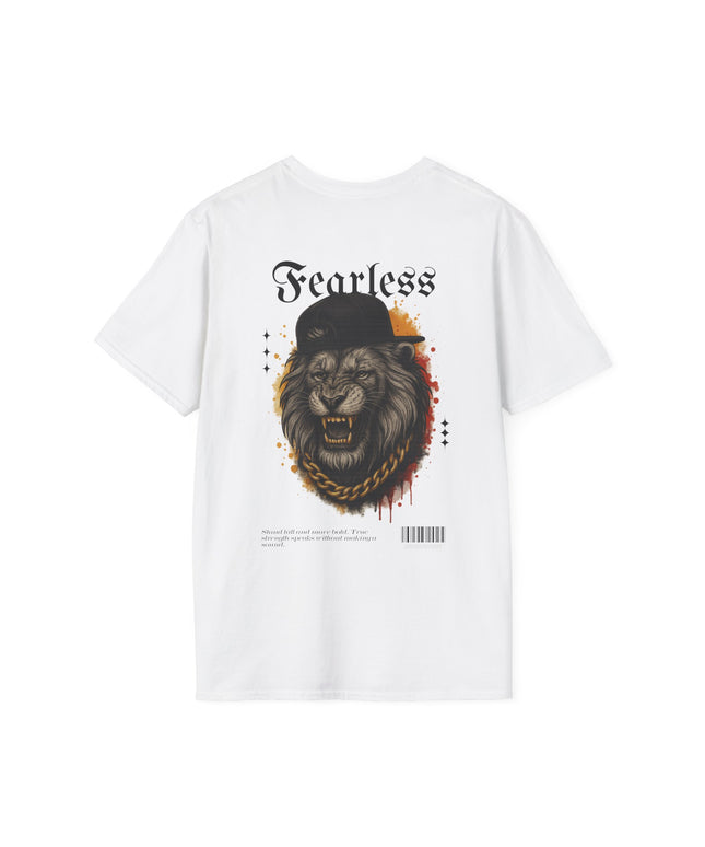 White t-shirt with a graphic of a lion wearing a hat and the word 'Fearless' on a white background