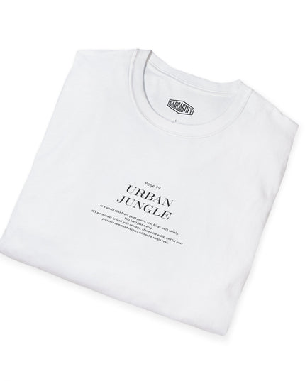White t-shirt with 'Urban Jungle' text on a white background