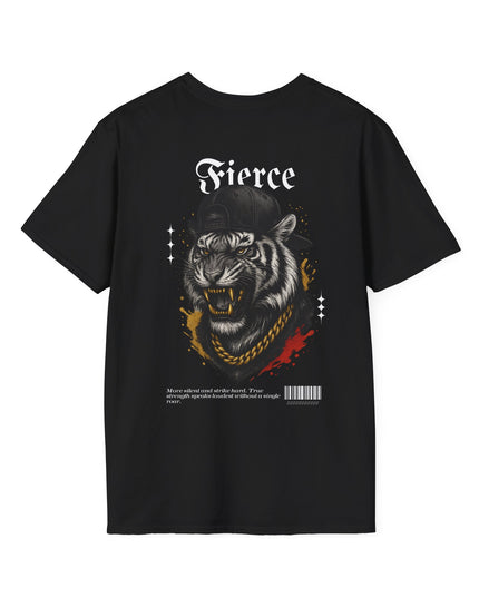 Black t-shirt with a tiger graphic and 'Fierce' text on a white background