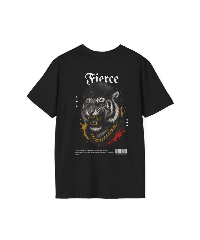 Black t-shirt with a tiger graphic and 'Fierce' text on a white background