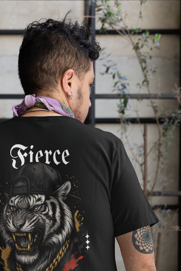Person wearing a black Sarcastify t-shirt with a tiger graphic and 'Fierce' text on the back.