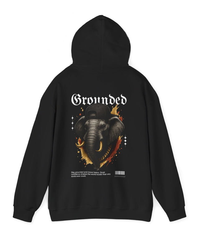 Black hoodie with elephant graphic and 'Grounded' text on a white background