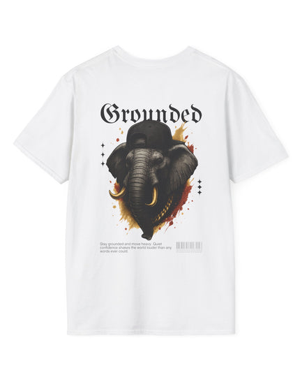 White t-shirt with an elephant graphic and 'Grounded' text on a white background