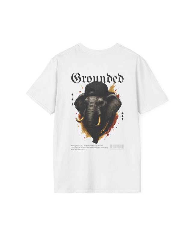 White t-shirt with an elephant graphic and 'Grounded' text on a white background