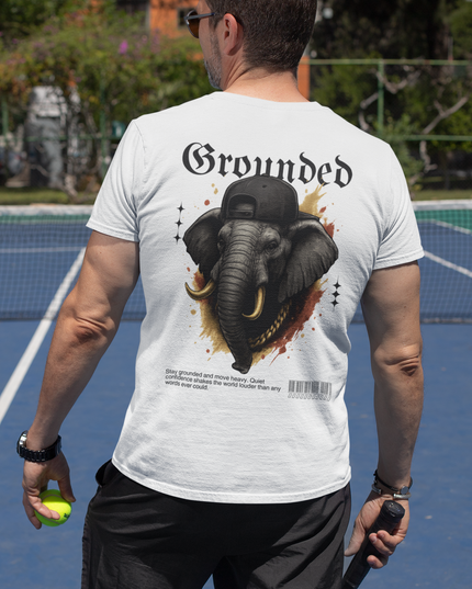 Person wearing a Sarcastify white t-shirt with an elephant graphic and 'Grounded' text on a tennis court.