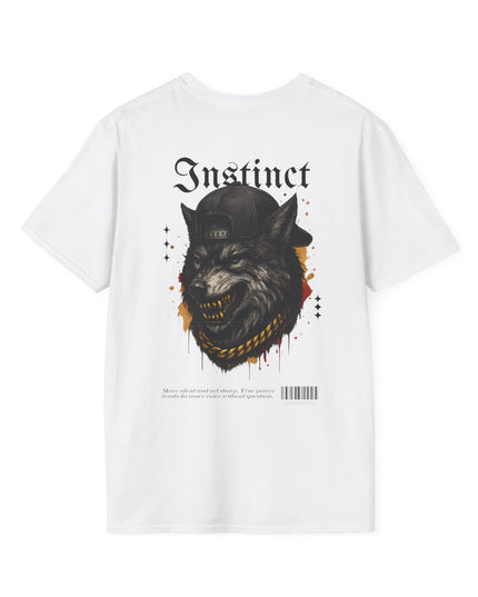 White t-shirt with a graphic of a wolf wearing a hat and the word 'Instinct' on a white background