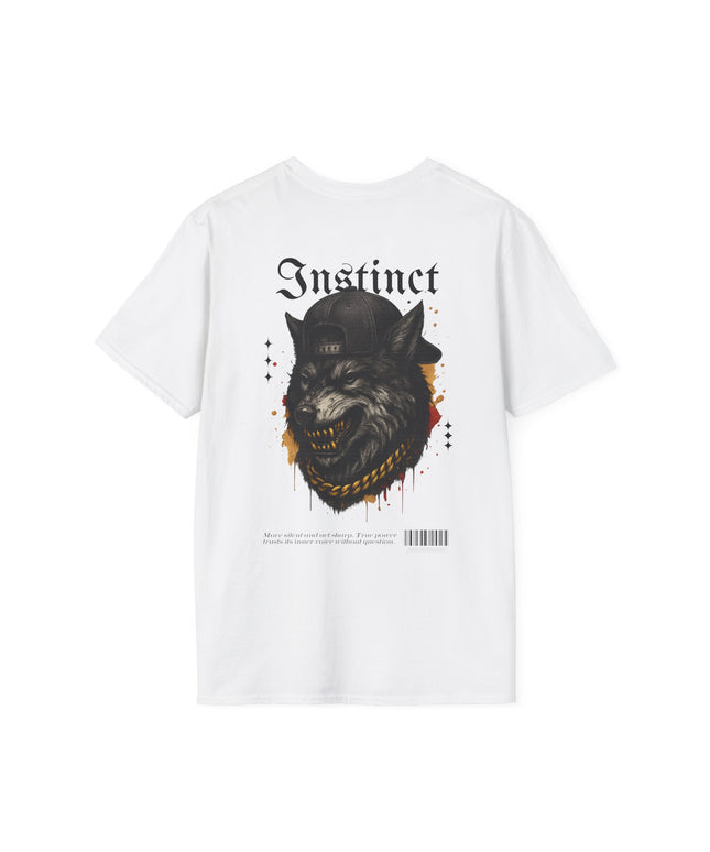 White t-shirt with a graphic of a wolf wearing a hat and the word 'Instinct' on a white background