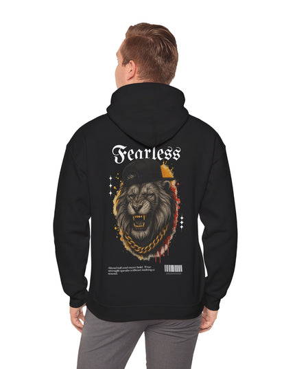 Black hoodie with a graphic of a lion and 'Fearless' text on the back, worn by a person.