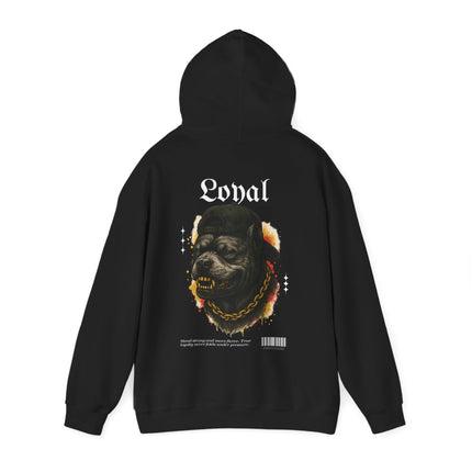 Black hoodie with a pitbull graphic and 'Loyal' text on the back, on a white background