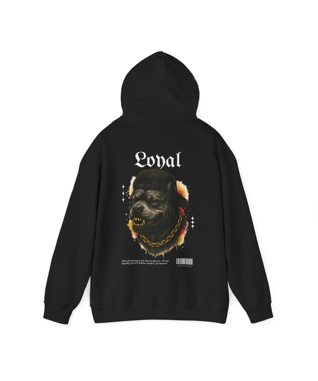 Black hoodie with a pitbull graphic and 'Loyal' text on the back, on a white background