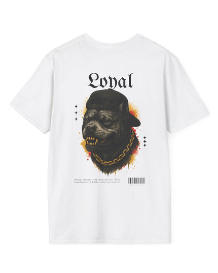 White t-shirt with a graphic of a Pitbull wearing a cap and chain, with the word 'Loyal' above it on a white background.