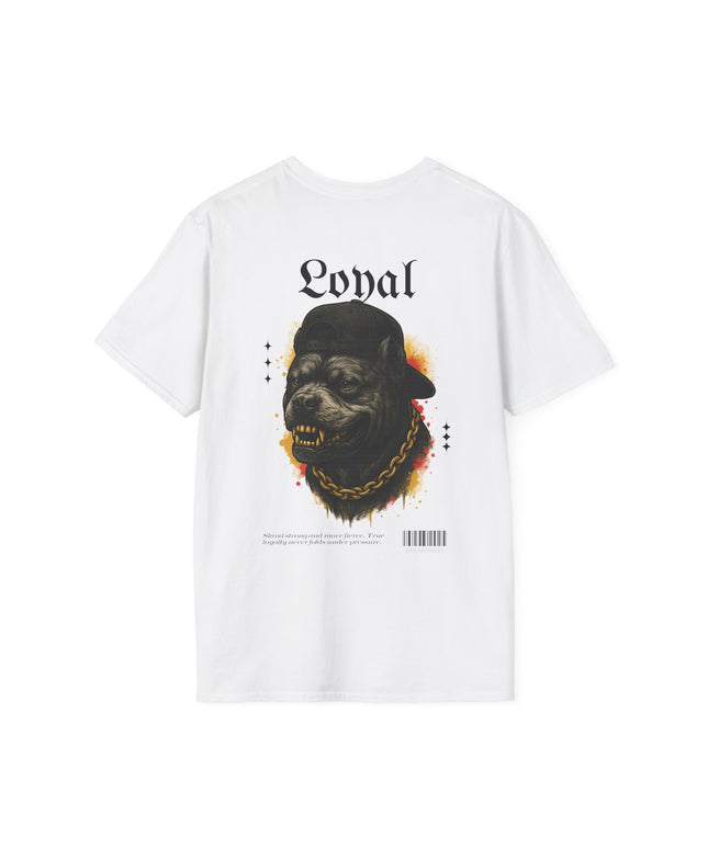 White t-shirt with a graphic of a Pitbull wearing a cap and chain, with the word 'Loyal' above it on a white background.