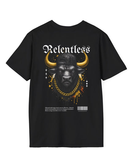 Black t-shirt with a graphic of a bull wearing a gold chain and 'Relentless' text on a white background