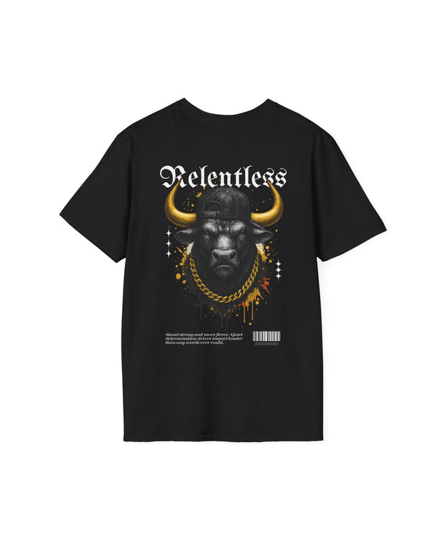 Black t-shirt with a graphic of a bull wearing a gold chain and 'Relentless' text on a white background