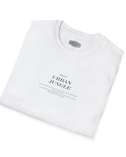 White t-shirt with 'Urban Jungle' text on a white background