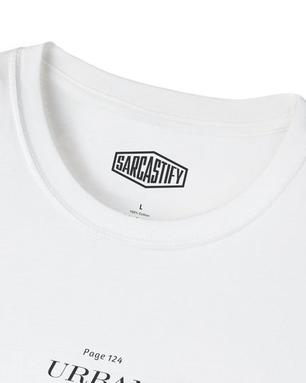 White t-shirt with a black logo and text on a white background
