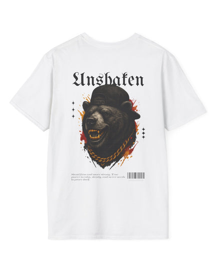 White t-shirt with a bear graphic and 'Unshaken' text on a white background