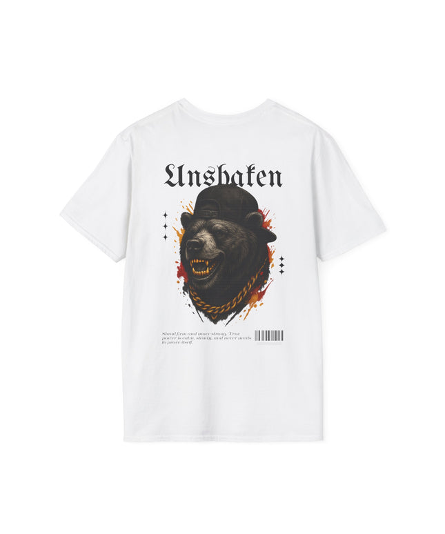 White t-shirt with a bear graphic and 'Unshaken' text on a white background
