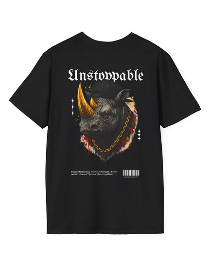 Black t-shirt with a graphic design of a rhino and 'Unstoppable' text on a white background