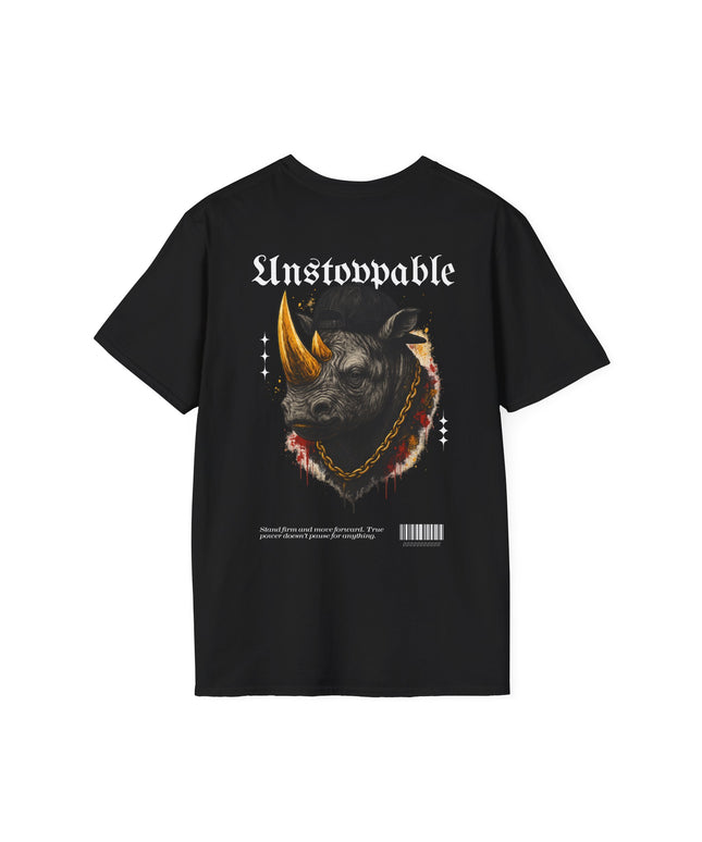Black t-shirt with a graphic design of a rhino and 'Unstoppable' text on a white background