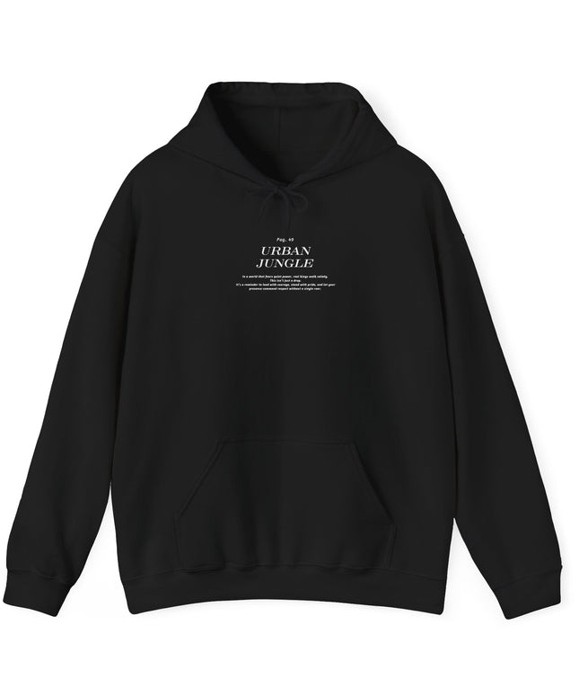 Black hoodie with text on a white background