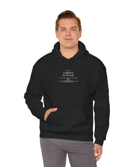 Man wearing a black hoodie with text on a white background