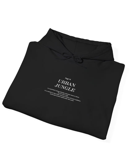 Folded black hoodie with text on a white background