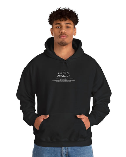 Person wearing a black Urban Jungle hoodie with text on a white background