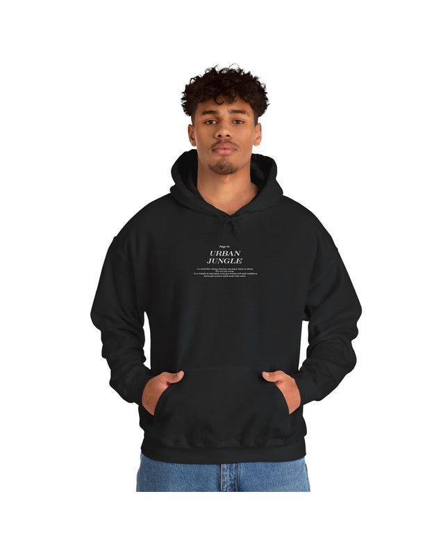 Person wearing a black Urban Jungle hoodie with text on a white background