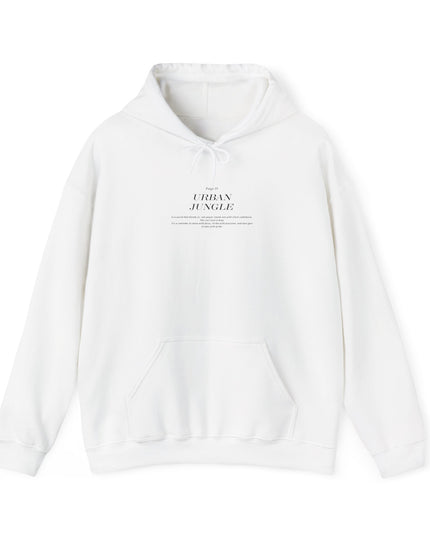 White hoodie with 'Urban Jungle' text on a white background