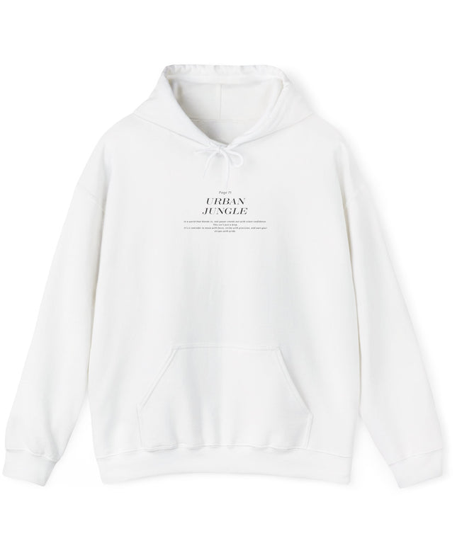 White hoodie with 'Urban Jungle' text on a white background
