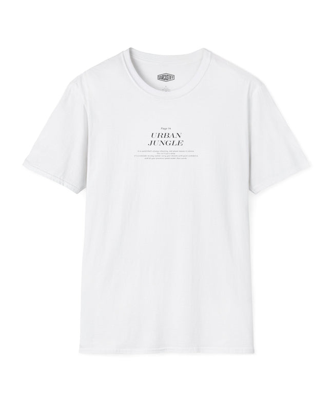 White t-shirt with Urban Jungle text on a white background