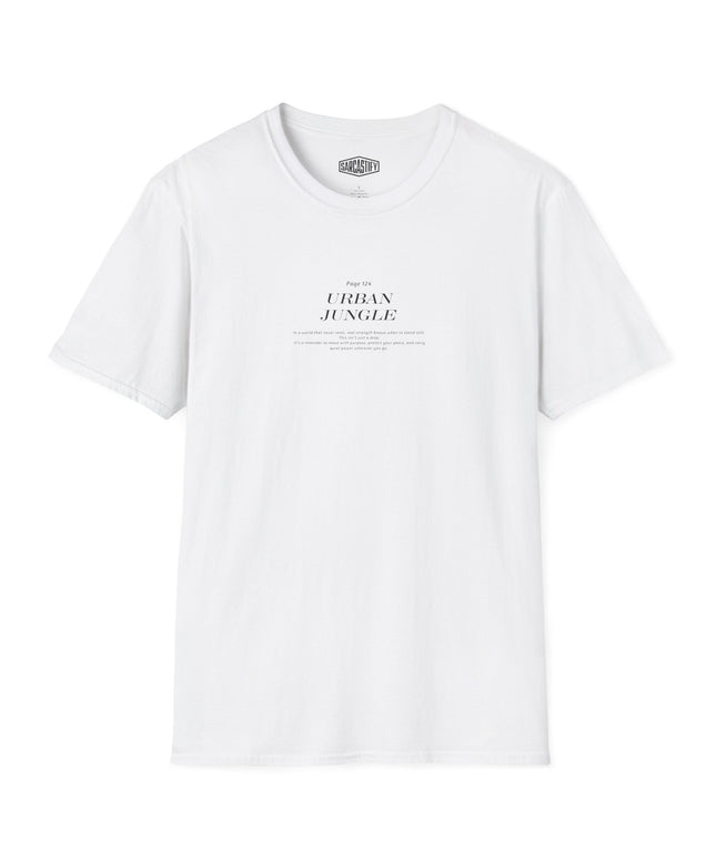 White t-shirt with 'Urban Jungle' text on a white background