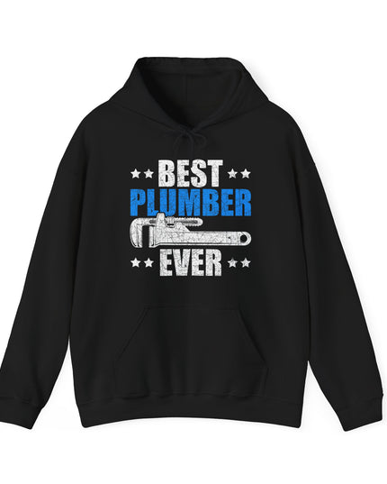 Black hoodie with 'Best Plumber Ever' text and wrench graphic on a white background