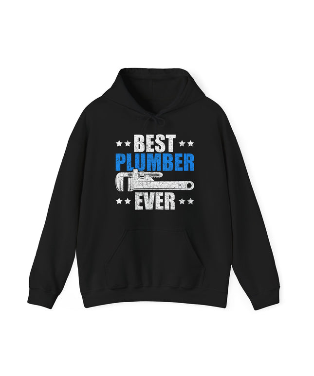 Black hoodie with 'Best Plumber Ever' text and wrench graphic on a white background