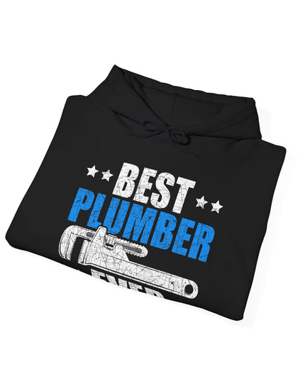 Black hoodie with 'Best Plumber' text and graphic on a white background