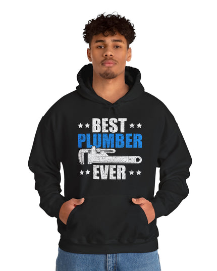 Person wearing a black hoodie with 'Best Plumber Ever' text and graphic on a white background