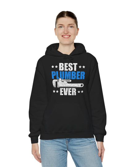 Person wearing a black hoodie with 'Best Plumber Ever' text and graphic on a white background