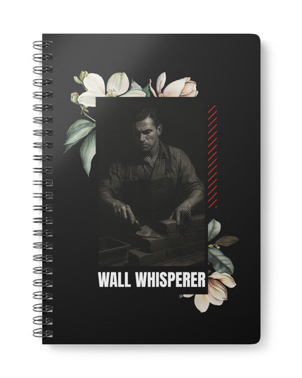 Notebook with a design featuring a man, flowers, and the text 'Wall Whisperer' on a black background.