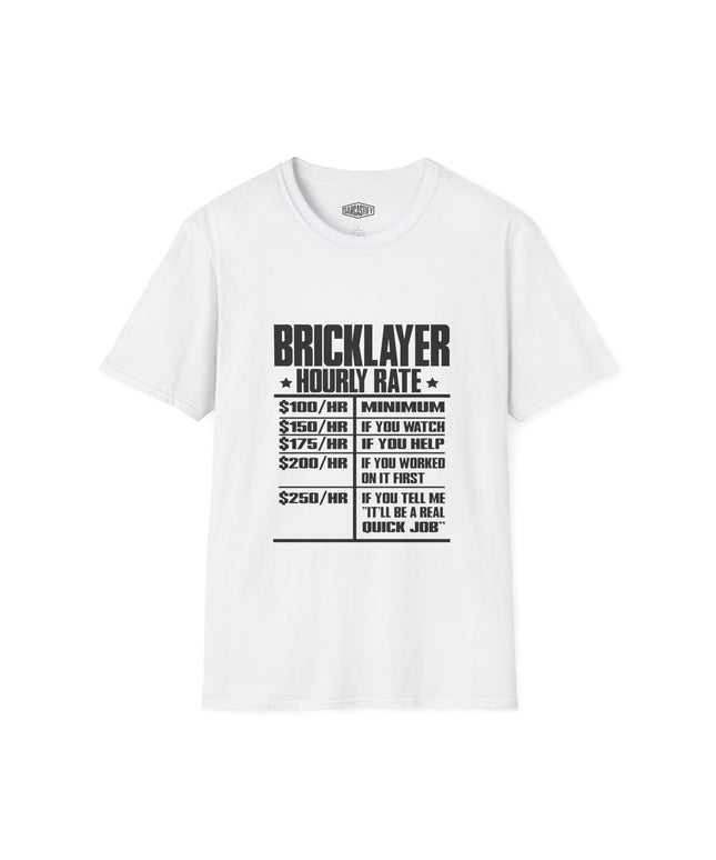 White t-shirt with bricklayer black text on a white background